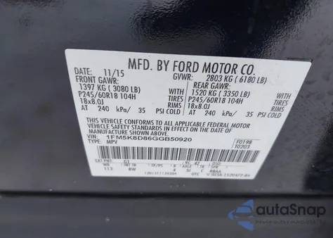 2016 Ford Explorer Xlt из США, поврежденный, VIN 1FM5K8D86GGB50920